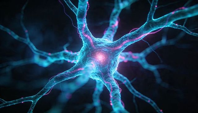 Glowing Neuron Cell with Luminous Nucleus and Branching Dendrites 3D Neural Network