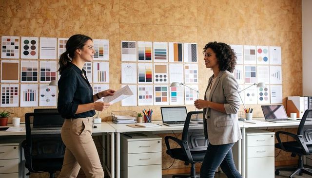 Women collaborating in creative studio reviewing print mockups on corkboard