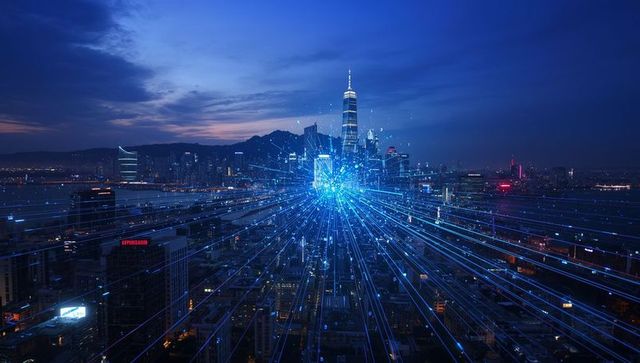 Futuristic Cityscape with Digital Data Streams and Skyscrapers