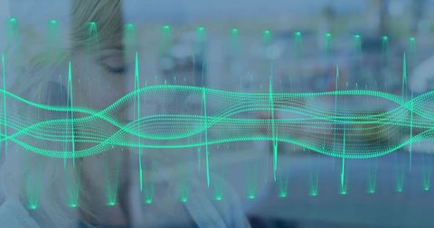 Woman Feeling Calm Behind Glass with Turquoise Waveform Overlay