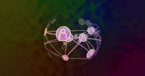 Glowing Neon Network Globe Connecting User Nodes in Wireframe Mesh