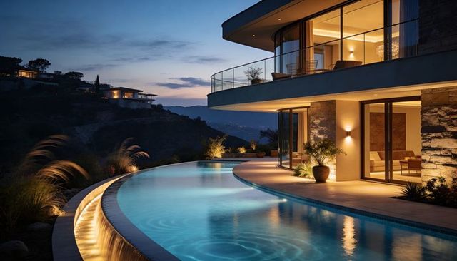 Glistening contemporary hilltop luxury residence with curved infinity pool at dusk