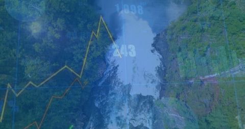 Waterfall with Digital Data Overlay Merging Nature and Technology