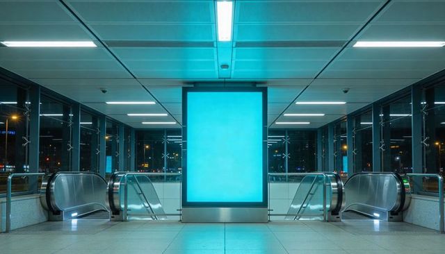 Cyan backlit advertising panel casting glow across transit concourse with dual escalators