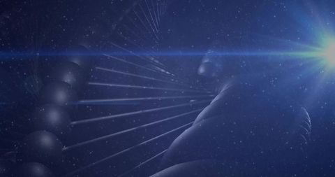 Glowing Molecular Helix in Cosmic Blue with Lens Flare