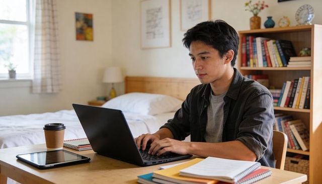 Student typing on laptop at bedroom desk with notebooks, tablet and coffee