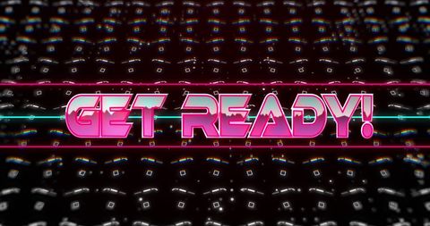 Retro futuristic get ready text with neon squares
