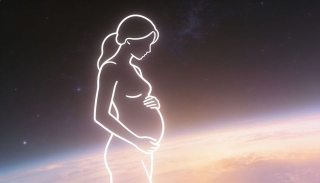 Neon outline pregnant woman cradling belly over earth horizon with soft terminator glow