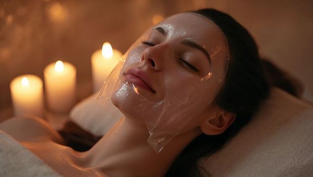 Woman relaxing with peel-off facial mask and candlelight ambience in spa treatment room