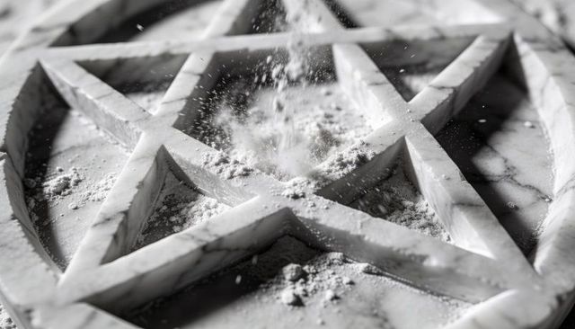 Close-up marble pentagram with falling powder in carved grooves, macro texture monochrome