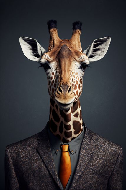 Giraffe wearing a textured business suit and orange tie against a dark background. Ideal for creative ad campaigns, humor pieces, fantasy themes, and professional decor with a fun twist.