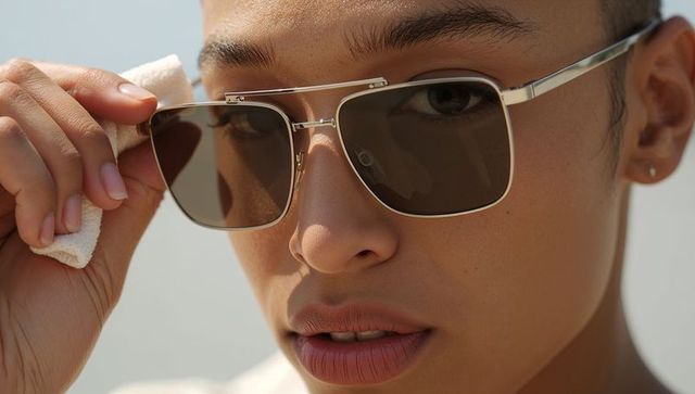 Closeup Young Woman Adjusting Metal Aviator Sunglasses While Wiping Lens
