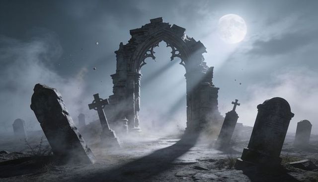 Moonlit gothic arch ruins casting dramatic beams over foggy graveyard