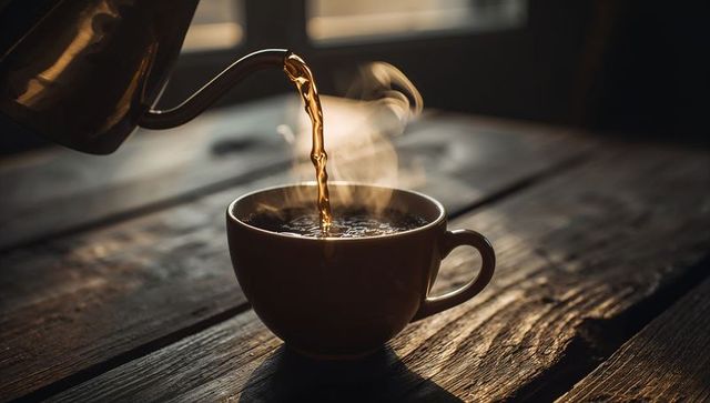 Gooseneck kettle pouring into ceramic mug steaming on rustic wooden table morning light