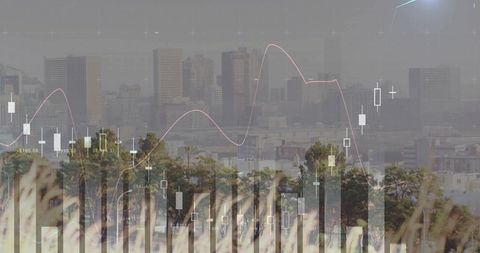 City skyline and greenbelt overlaying candlestick charts and financial analytics visuals