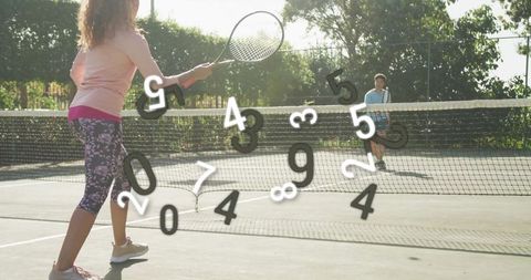 Woman and Man Playing Tennis with Overlay of Numerical Symbols