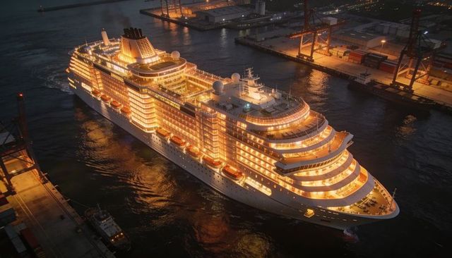 Luxury cruise liner docking at night near industrial cargo port with illuminated decks