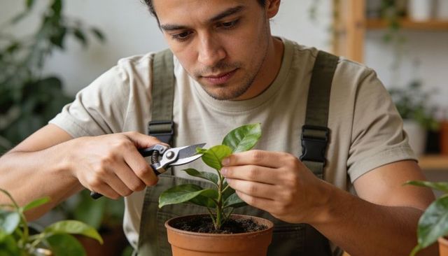 Hispanic man trimming houseplant with pruners in terracotta pot for indoor gardening and plant care