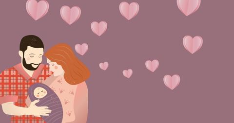 Loving family embracing newborn with heart motif background