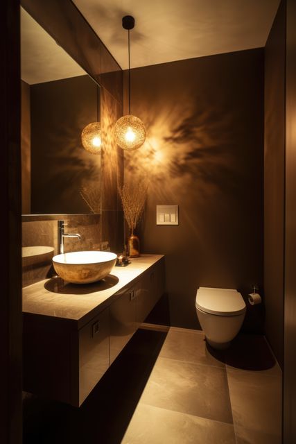 This modern bathroom features contemporary design elements with stylish lighting and an elegant square sink. Perfect for use in articles and advertisements about home decor, interior design trends, luxury bathroom ideas, and home improvement. The clean, minimalistic look with warm brown tones creates an inviting and relaxing space, ideal for inspiring new bathroom renovations and designs.