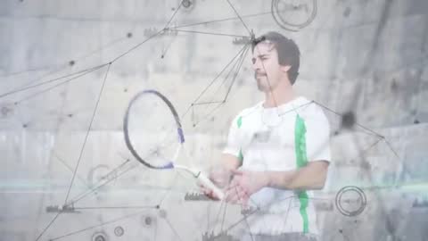 Athletic Man with Tennis Racket Connected by Digital Technology
