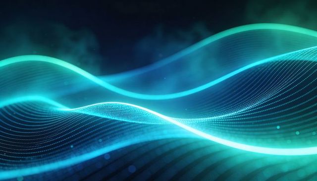 Abstract Cyan-Teal Neon Waveforms Flowing with Particle Mesh, Glowing Depth and Digital Motion