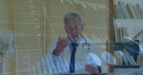 Senior physician presenting medical data with digital charts and analytics overlay