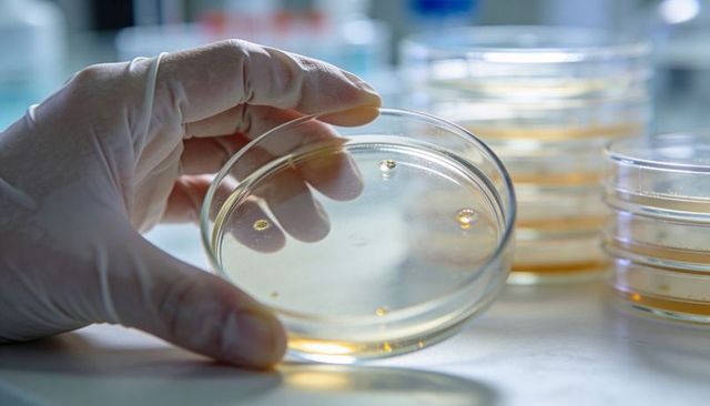 Gloved hand holding and tilting petri dish showing yellow bacterial colonies and stacked culture pla
