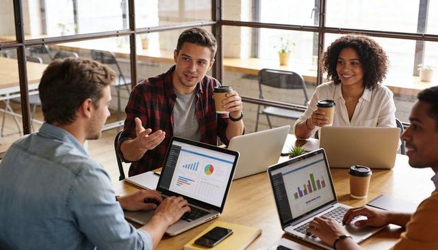 Young team collaborating over laptops and coffee in modern industrial workspace