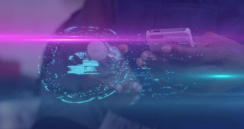 Hands holding device projecting holographic globe with neon data visualization cyberpunk