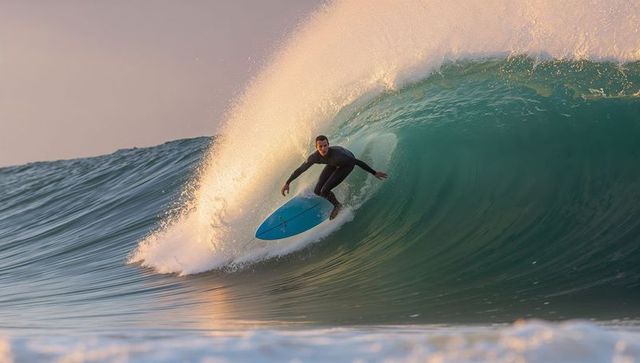 Surfer riding tubular wave at sunrise on blue shortboard, wetsuit, golden hour action