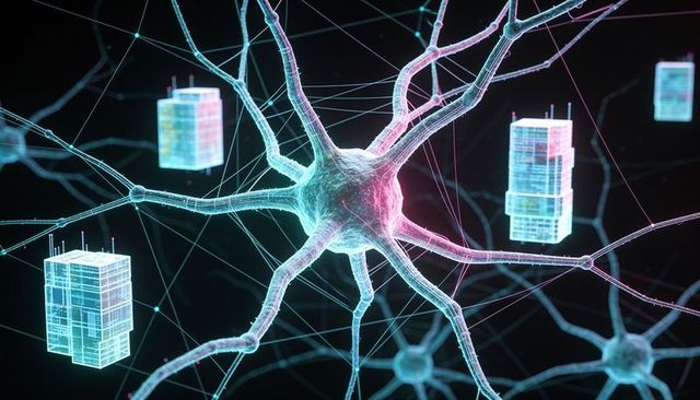 Neon neuron connecting digital servers in futuristic neural network visualization