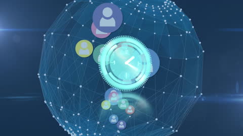 Digital Clock Animation with Global Connections on Blue Background
