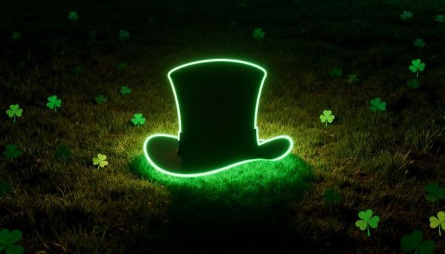 Glowing Neon Leprechaun Top Hat Silhouette on Grass with Scattered Shamrocks at Night