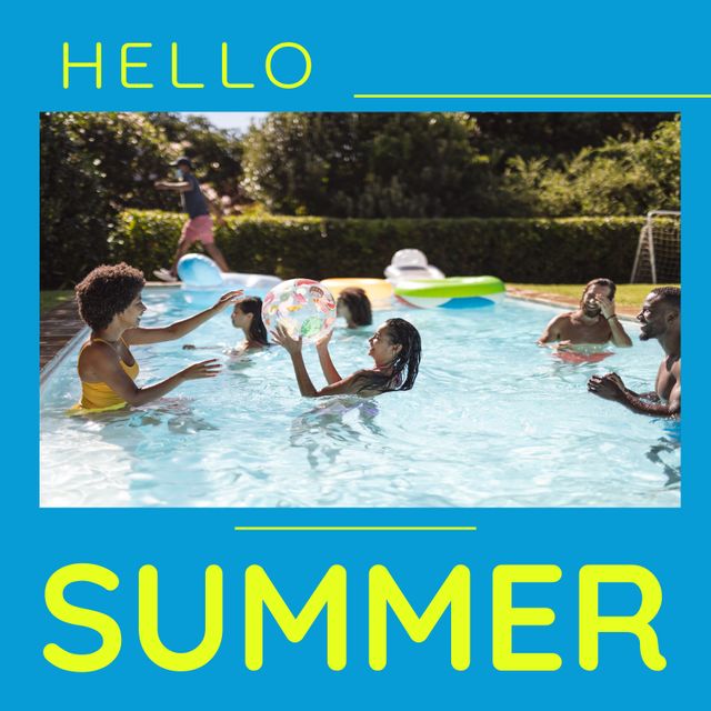 Group of diverse friends having fun playing with a ball in swimming pool on a sunny day. Ideal for representing summer fun, leisure activities, and vacation time. Perfect for social media posts, travel brochures, and promotional materials related to summer activities.