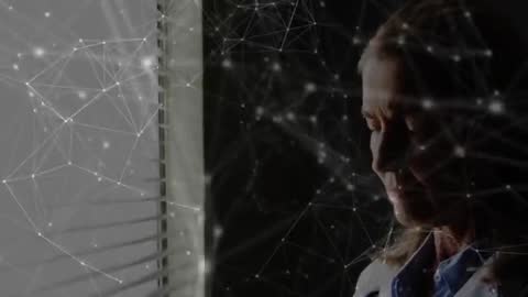 Female Scientist Analyzing Futuristic Network Technology by Window