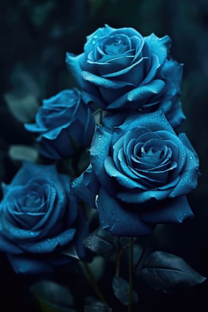 Vibrant blue roses with water droplets against a dark background creates a dramatic and elegant feel. Ideal for floral arrangements, romantic themes, greeting cards, nature illustrations, and wedding inspirations.