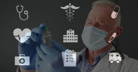 Senior doctor inspecting vaccine vial with mask and gloves, medical vaccination concept
