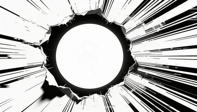 Torn circular hole bursting through manga panel with radial speed lines and inked texture
