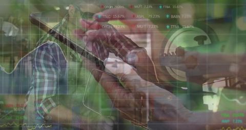 Craftsman analyzing rifle scope with business growth chart overlay