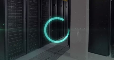 Futuristic loading animation over server cabinets in data center