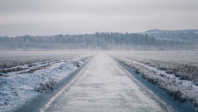 Icy rural road leading through snow-covered fields toward misty conifer forest