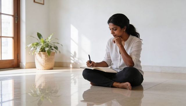 Serene woman journaling on polished floor near sunlit glass door, minimalist calm moment