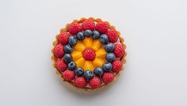 Concentric fruit tart with raspberries blueberries and mango petals minimalist flatlay
