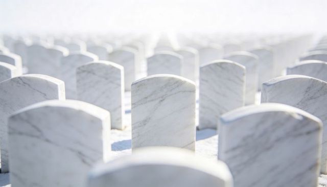 Solitary white marble headstone standing among receding rows of uniform cemetery markers