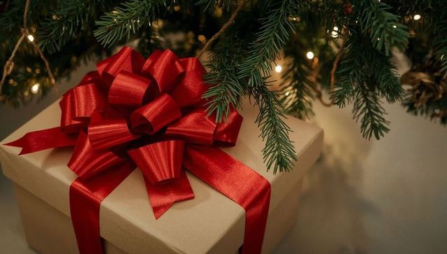 Kraft gift box resting under evergreen branches with large red satin bow and warm lights