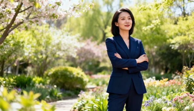 Confident asian businesswoman standing in blooming garden, navy suit, arms crossed
