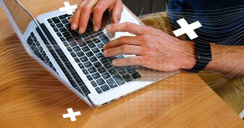 Typing Hands Pressing Keys on Silver Laptop Keyboard with Smartwatch and Digital Overlays