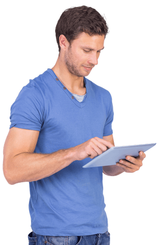 Man in Blue Shirt Navigating Tablet on Transparent Background - Download Free Stock Videos Pikwizard.com