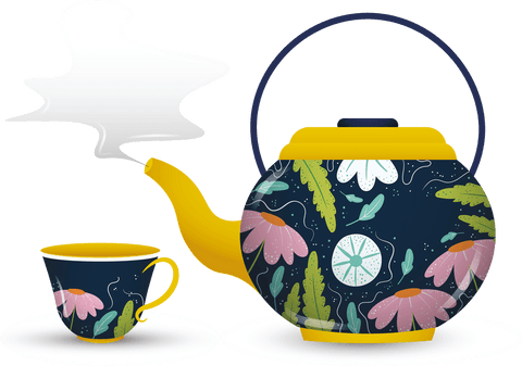 Colorful floral teapot with cup on transparent background